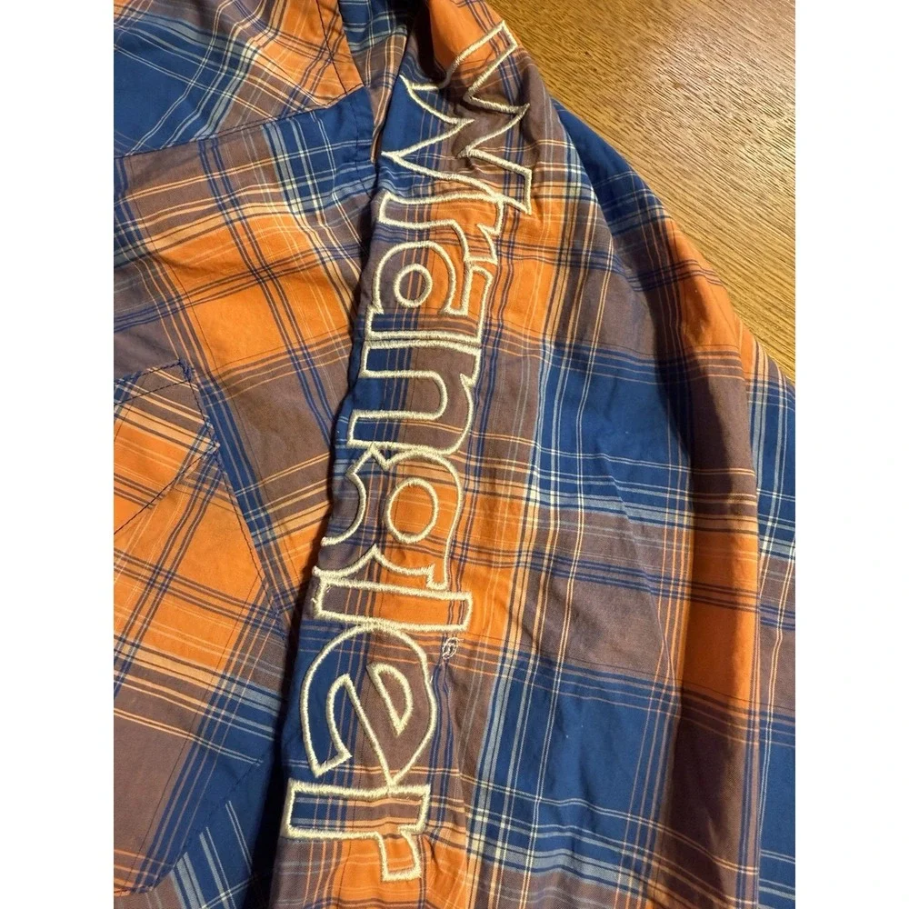 Wrangler Shirt Men's XL Orange‎ Blue Plaid Pearl Snap Western Rodeo Logo LS